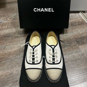 🔥AUTHENTIC CHANEL🔥ESPADRILLE SNEAKERS LINEN FABRIC LEATHER TRIM LIKE NEW